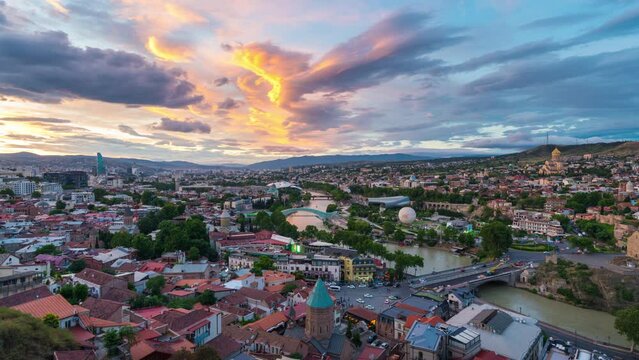 Time lapse of Tbilisi city at sunset in Georgia.