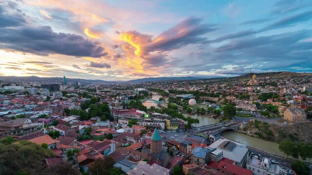 Time lapse of Tbilisi city at sunset in Georgia.