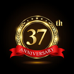 37th golden anniversary logo, with shiny ring and red ribbon, Laurel wrath isolated on black background, vector design