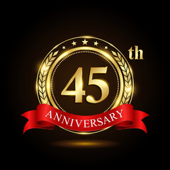 45th golden anniversary logo, with shiny ring and red ribbon, Laurel wrath isolated on black background, vector design