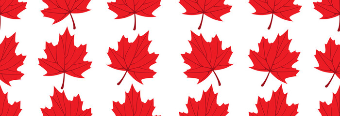 Naklejka na ściany i meble Banner with maple red leaf on white background, seamless pattern.