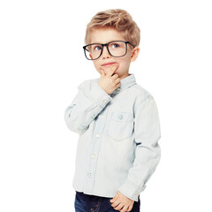 Thinking, question and an idea of a child, nerd, student or geek with glasses on a png, transparent and mockup or isolated background. Smart boy doubt or confused about learning, education or choice © peopleimages.com