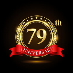 79th golden anniversary logo, with shiny ring and red ribbon, Laurel wrath isolated on black background, vector design