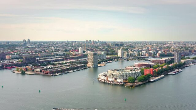 Amsterdam cityscape from the north see canal. Aerial view. 