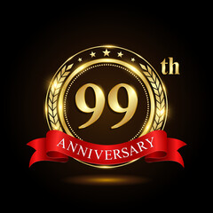 99th golden anniversary logo, with shiny ring and red ribbon, isolated on black background, vector design