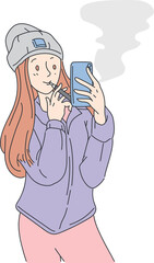 Vape girl cartoon style holding vapor electric cigarette with activities PNG