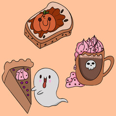 halloween sweets cheesecake coffee pumpkin jam sandwich illustration