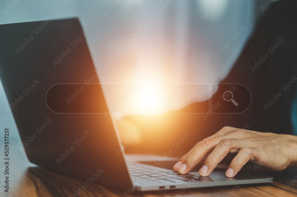 Poster search engine optimization ,businesswoman using laptop searching browsing internet data information,