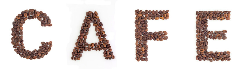 CAFE headline from roasted coffee beans on white background