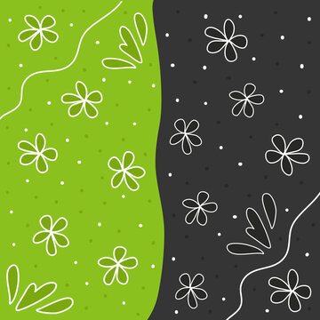 Background with flowers and lines, on a dark and green background. White waves. The effect of white chalk on a black board. Design for social networks, vep sites, applications. Vector graphics.