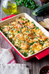 Casserole with zucchini and cheese. Healthy eating. Vegetarian food.