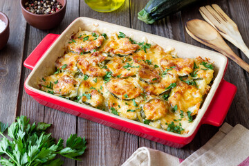 Casserole with zucchini and cheese. Healthy eating. Vegetarian food.