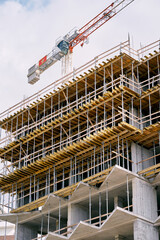 Tower crane rises above the construction of a multi-storey building. High quality photo