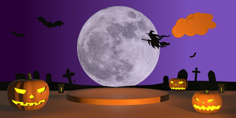 3D halloween background illustration carved halloween pumpkin background with full moon witch tombstones spiders and bats