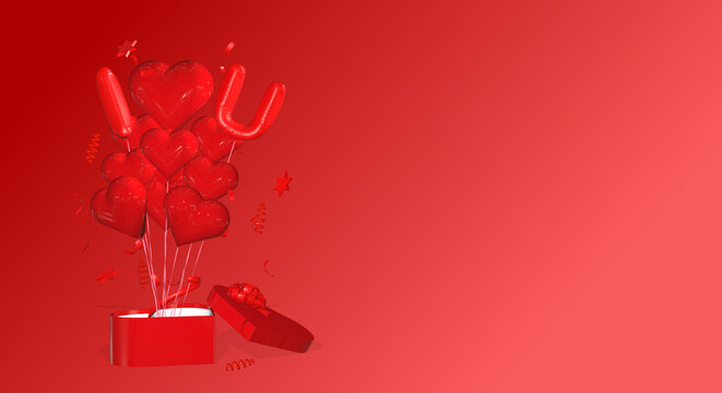 bunch of 3D rendered heart shaped balloons from a heart shaped gift box valentines day birthday wedding  background