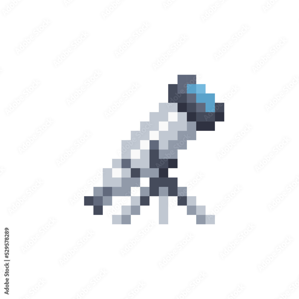Poster telescope pixel art style icon. game assets. 8-bit style. isolated abstract vector illustration.