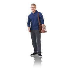 Learning, education and a happy man or student with a bag and laptop on a png, transparent and mockup or isolated background. Portrait of a college or university guy ready to get a scholarship - obrazy, fototapety, plakaty