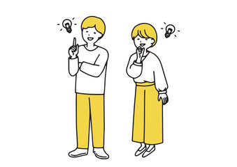 アイディアを思いついたシンプルな男性と女性の全身イラスト
