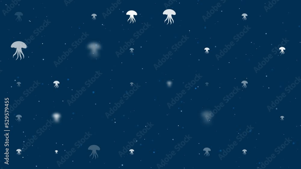 Poster template animation of evenly spaced jellyfish symbols of different sizes and opacity. animation of t