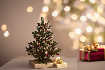 3d illustration of small mini christmas tree with bokeh light in room