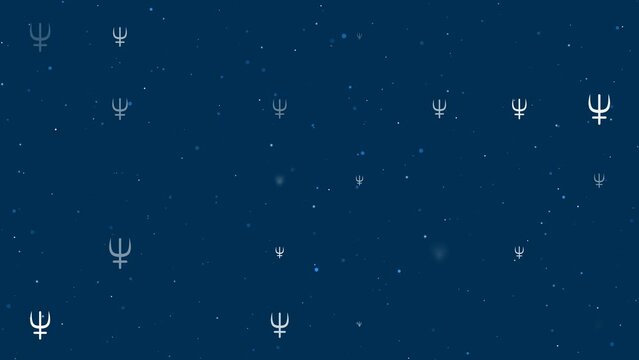 Template animation of evenly spaced astrological neptune symbols of different sizes and opacity. Animation of transparency and size. Seamless looped 4k animation on dark blue background with stars