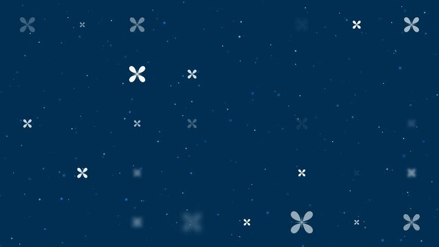 Template animation of evenly spaced abstract star symbols of different sizes and opacity. Animation of transparency and size. Seamless looped 4k animation on dark blue background with stars