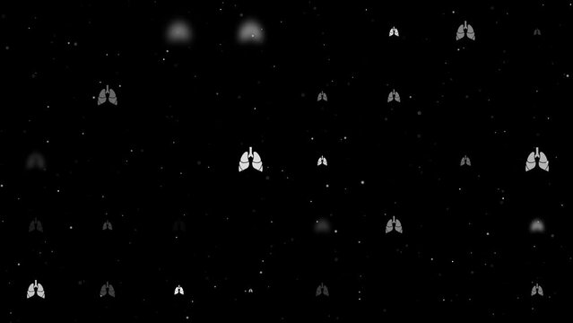 Template animation of evenly spaced lungs symbols of different sizes and opacity. Animation of transparency and size. Seamless looped 4k animation on black background with stars