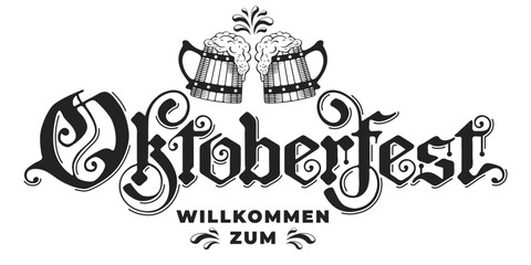 Oktoberfest hand drawn lettering logo. Vintage gothic calligraphy lettering, two beer mug and invitation Willkommen zum. Vector illustration
