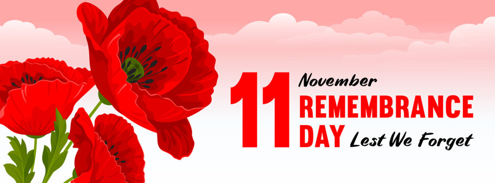 Remembrance Day banner. Lest We forget. Horizontal banner with cartoon red poppy flowers, international symbol of peace, and lettering on pink sky background with clouds. Vector Illustration