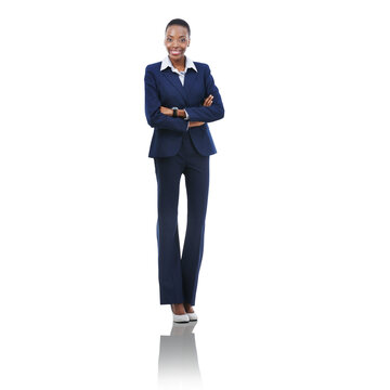 Suit, corporate fashion for a black woman in business, looking confident and professional on a png, transparent and isolated or mockup background. Portrait of a CEO or executive ready for success
