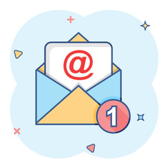 Mail envelope icon in comic style. Email message vector cartoon illustration pictogram. Mailbox e-mail business concept splash effect.