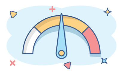 Meter dashboard icon in comic style. Credit score indicator level vector cartoon illustration pictogram. Gauges with measure scale business concept splash effect.