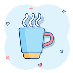 Coffee, tea cup icon in comic style. Coffee mug vector cartoon illustration pictogram. Drink business concept splash effect.
