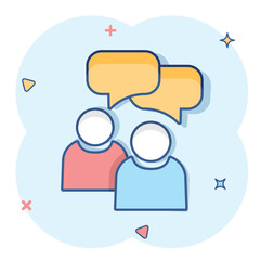People with speech bubble icon in comic style. Business agreement vector cartoon illustration pictogram. Partnership talk business concept splash effect.