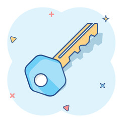 Key icon in comic style. Access login vector cartoon illustration pictogram. Password key business concept splash effect.
