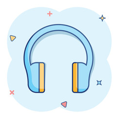 Headphone headset icon in comic style. Headphones vector cartoon illustration pictogram. Audio gadget business concept splash effect.