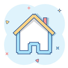 House building icon in comic style. Home apartment vector cartoon illustration pictogram. House dwelling business concept splash effect.