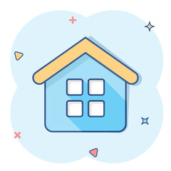 House building icon in comic style. Home apartment vector cartoon illustration pictogram. House dwelling business concept splash effect.