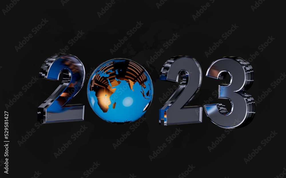 Poster happy new year 2023 banner template design with globe on dark background 3d render concept