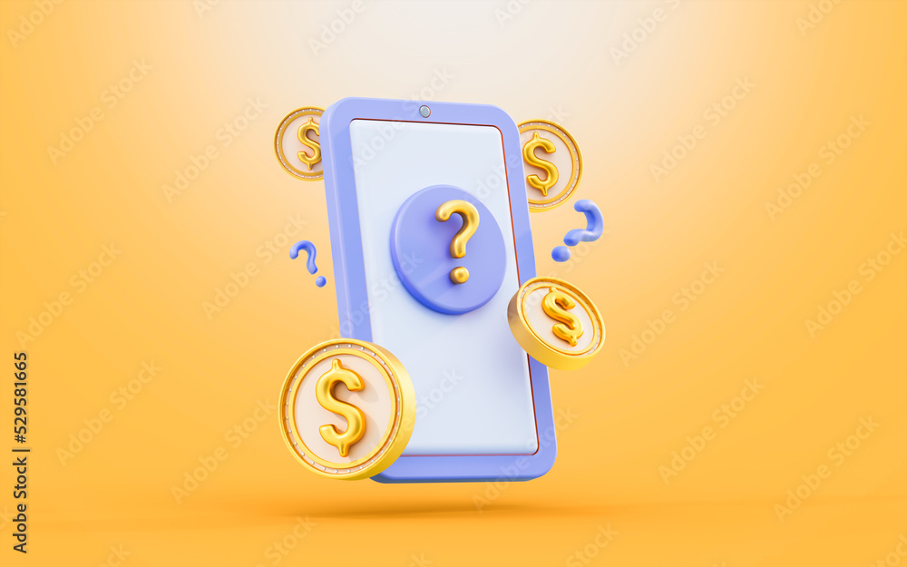 Poster smartphone with dollar question mark sign 3d render concept for online payment pending problem
