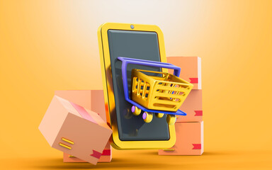 smart phone with chopping cart parcel box sign 3d render concept for online marketing product