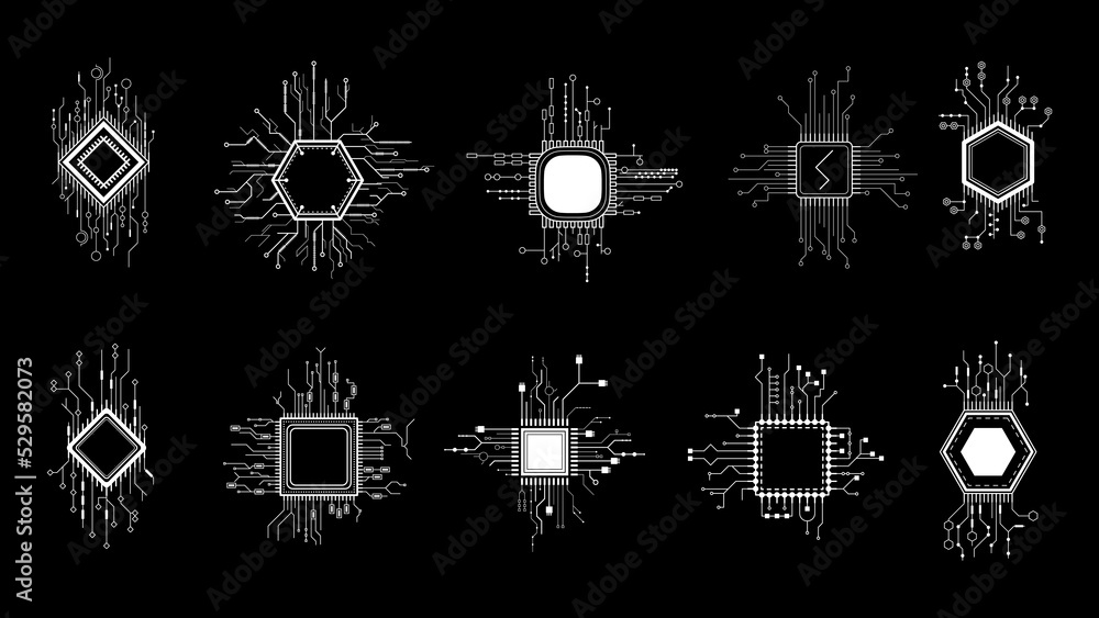 Poster set abstract collection white simple line cpu, computer, technology doodle outline element vector de