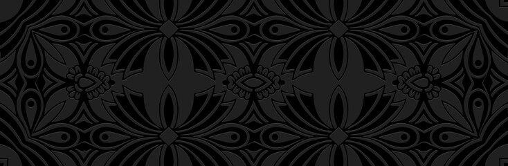 Banner, cover design. Embossed ethnic abstract 3d pattern on a black background, boho style, paper press. Tribal ornamental themes of the East, Asia, India, Mexico, Aztecs, Peru.