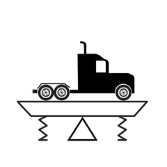 Obraz premium Truck weight and balance icon. Heavy truck symbol on scales. Side view. Black and white. Vector