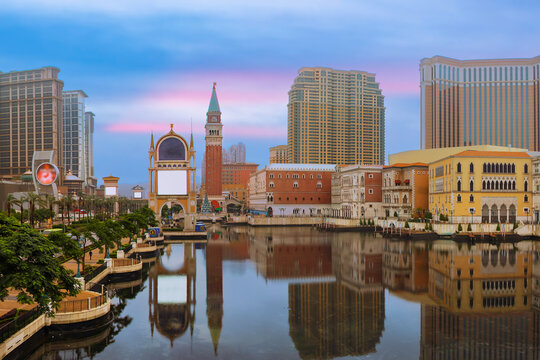 Macau cityscape. Landscape of Macau business building with reflection with blue sky. Macaw city at dusk.