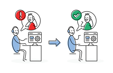 Customer support service vector illustration. Operator with headset giving assistance and solving issue of client. Helpline online assistance with stickman concept.