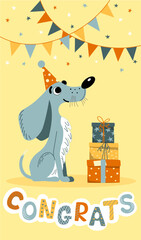Greeting card with a dog in a hat, gifts, flags and the text "CONGRATS". Vector illustration in cartoon style on a yellow background. Limited palette. Approach for printing, prints on clothes, pattern