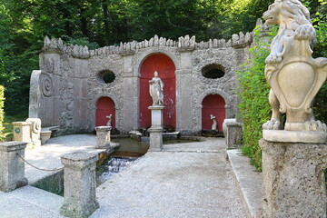 Travel to Austria. Helbrunn Palace Park. Funny fountains.