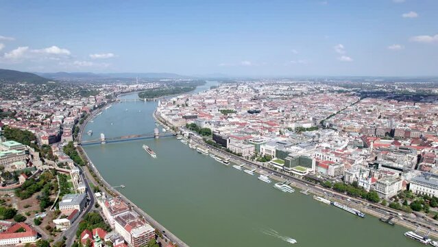 footage from drone fly over Budapest, aerial landscape of Elisabeth Bridge and Danube river