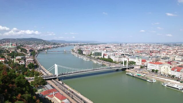 footage from drone fly over Budapest, aerial landscape of Elisabeth Bridge and Danube river